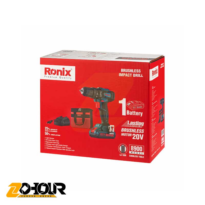 دریل شارژی 20 ولت براشلس رونیکس مدل 8900 Ronix